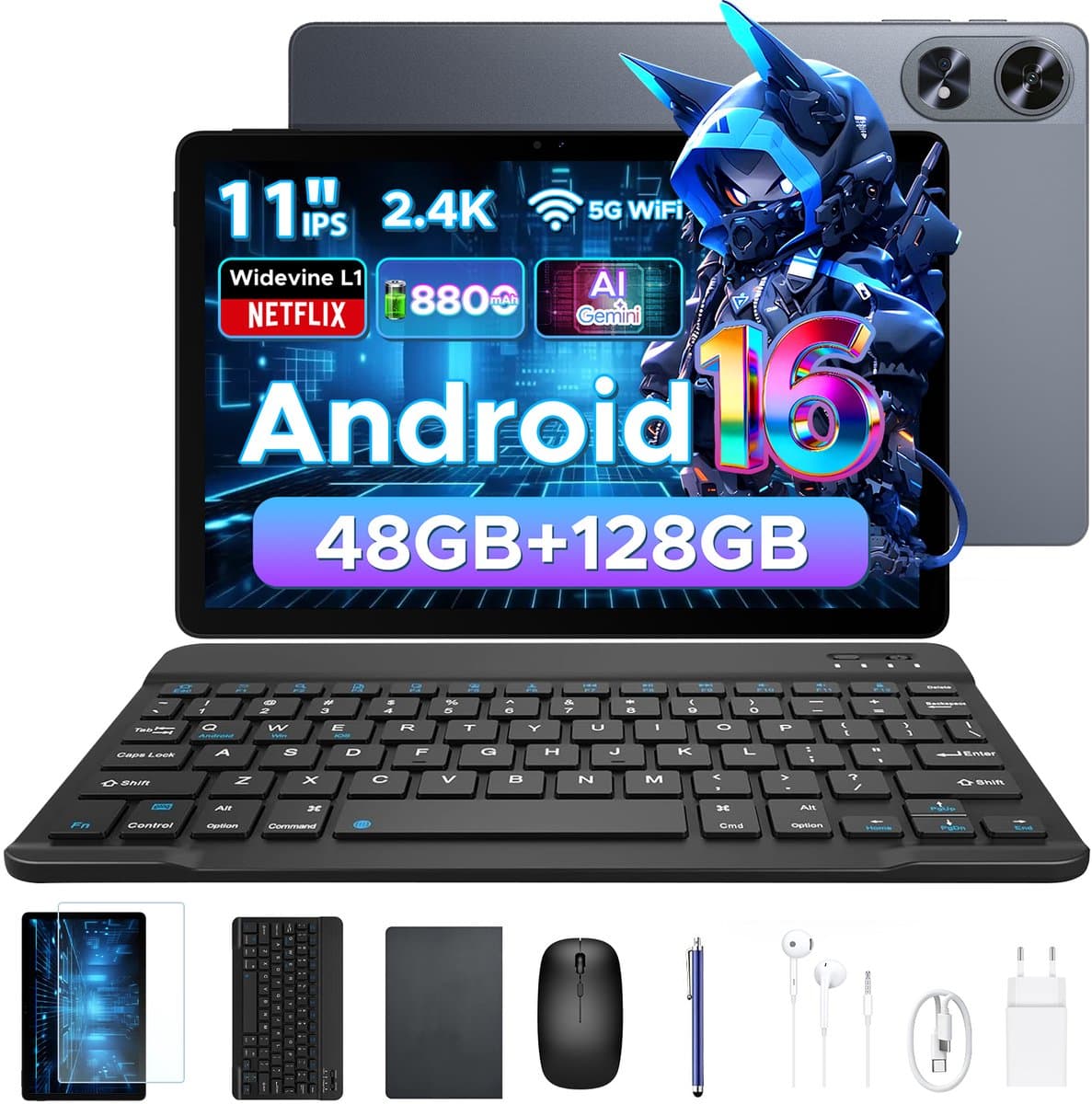 Aorlym P11 Pro - Tablet - 48 GB RAM (8+40 GB) + 128 GB ROM (2 TB/TF) - 11 inch FHD+ 90 Hz - Android 16 - 8800 mAh/18 W - T7250 - Dubbele luidsprekers - Gemini AI - Face ID - Widevine L1 - Complete accessoirebundel met toetsenbord en stylus — afbeelding 1