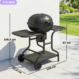 Premie Houtskool Barbecue - Houtskoolgrill met Rookfunctie - Grillrooster - Grilloppervlak Ø54 cm - met Bijzettafels, Deksel, Thermometer en Wielen - BBQ voor Kamperen, Buiten, Tuin - 129 x 63,5 x 106,5 cm - Zwart — thumbnail 4