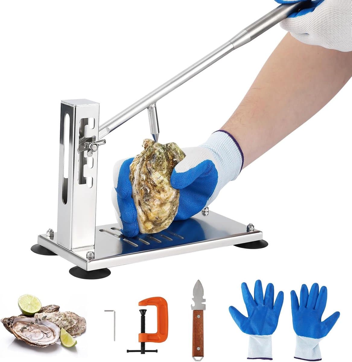 Professionele oester- en mosselopener van roestvrij staal – verstelbaar in 4 standen, met zuignappen, G-klem, mes en snijbeschermende handschoen – voor keuken, thuis en horeca — afbeelding 1