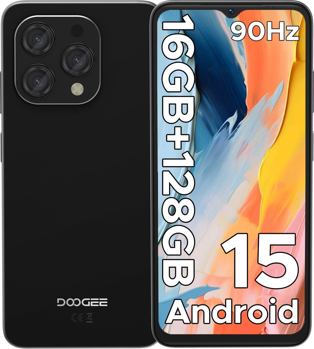 DOOGEE N55 - Smartphone - 16 GB RAM + 128 GB ROM（2TB/TF） - 6.56 inch + 90Hz IPS - 4G Dual SIM - 5150mAh - Android 15 - 5G WiFi - Face ID - GPS - Widevine L1 - Zwart — afbeelding 1