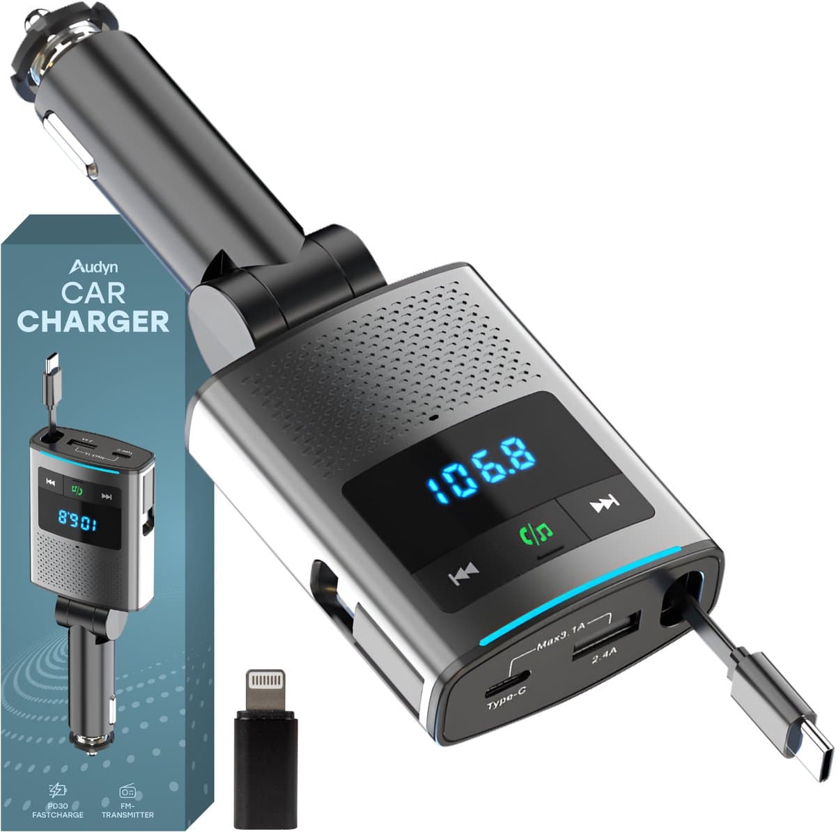 Audyn Bluetooth Transmitter - Autolader - 80W - FM Transmitter - USB C & 8-pin - Auto Oplader - Carkit — afbeelding 1