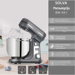 SOLVA Keukenmachines - Deegmachine - Kneedmachine - Deegmixer - 6 Versnellingen - 1200W - 240V - 6L - 35,1×28,5×31,2 cm - Grijs — thumbnail 4