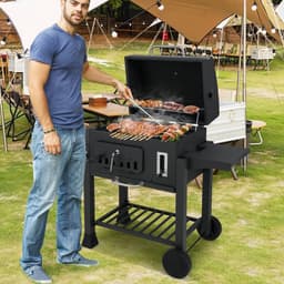 COSTWAY houtskoolgrill, grillwagen met deksel, wielen, 2 inklapbare zijtafels, grillrooster, thermometer, 6-voudige houtskoolhouder en opbergvak, staande grill, kolengrillwagen — thumbnail 3