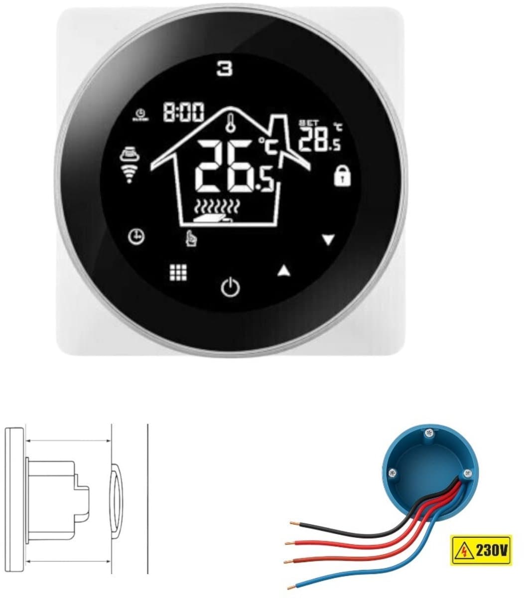 Inbouw Thermostaat | Wifi | App bediening | 4 draads | Programmeerbaar schema | Spraakbesturing | CV en Boiler | Zwart — afbeelding 1