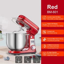 Lunekiss 6L keukenmixer met 1200W stille DC‑motor, 6 snelheden, LED‑timer, RVS mengkom en accessoires – Rood — thumbnail 2