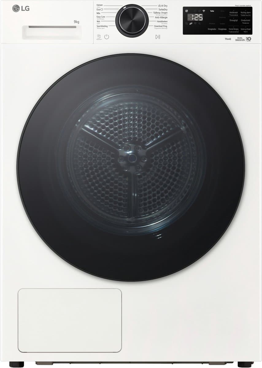 LG RHX5009TWB warmtepompdroger 9 kg met Dual Inverter Heat Pump voor gelijkmatig en energiezuinig drogen - Sensor Dry stopt automatisch bij droog - Zelfreinigende condensor voor duurzaam rendement en ThinQ slimme bediening. Energieklasse B — afbeelding 1