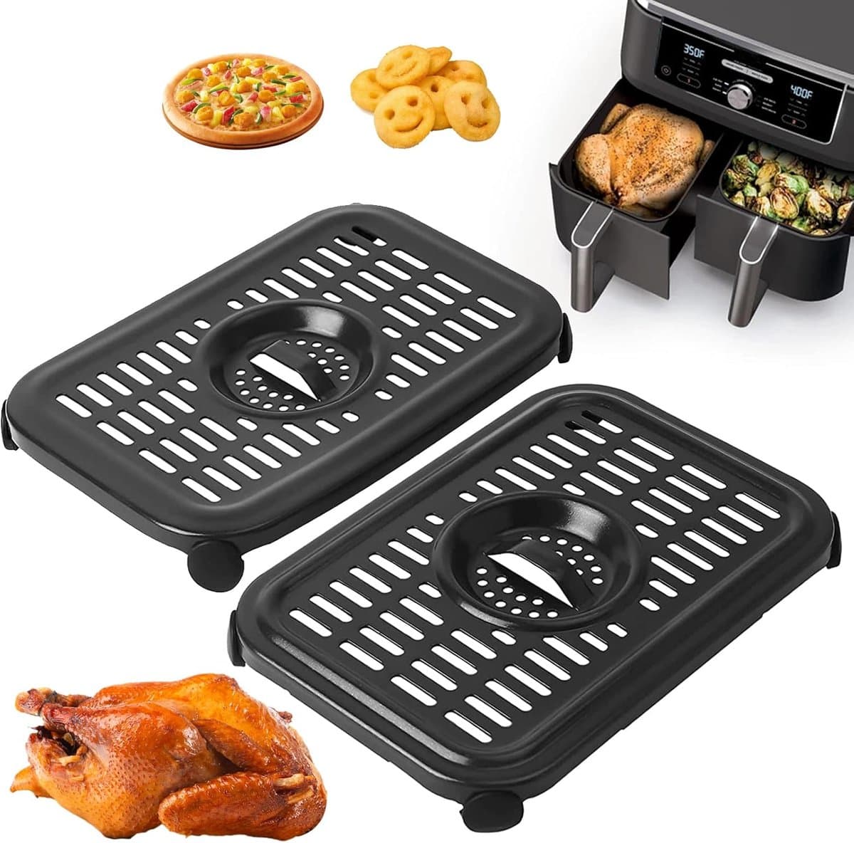 Air Fryer Grill Pan for Ninja Air Fryers, 2 Packs Replacement Air Fryer Crisper Plate Grill Plate Tray Accessories with Rubber Bumpers for Ninja Foodi DZ201 DZ100 and other Air Fryer, Dishwasher Safe — afbeelding 1