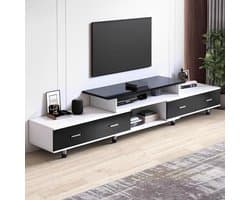 Uittrekbaar TV-meubel 120-170 cm | Lowboard voor televisies tot 65 inch | 4 laden & 3 planken | Verstelbare poten & metalen frame | Wit/Zwart 170 x 30 x 40 cm – Abkantoor