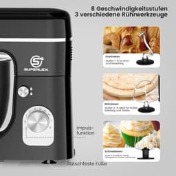 Keukenmachine - Deegmachine Mixer - Bakken en Koken - Krachtige 1300W Motor - 5 Liter Kom - Zwart — thumbnail 3