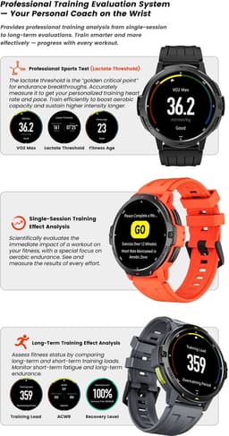 Knobbout 1.46“ Scherm(4cm) Advanced GPS Sport Smartwatch – Sportcapaciteit & Traininganalyse - GNSS Satellietnavigatie - GOMORE Trainingsalgoritme - Lactaatdrempel Test - 30 m Waterdicht- 500mAh - Zwart — thumbnail 4