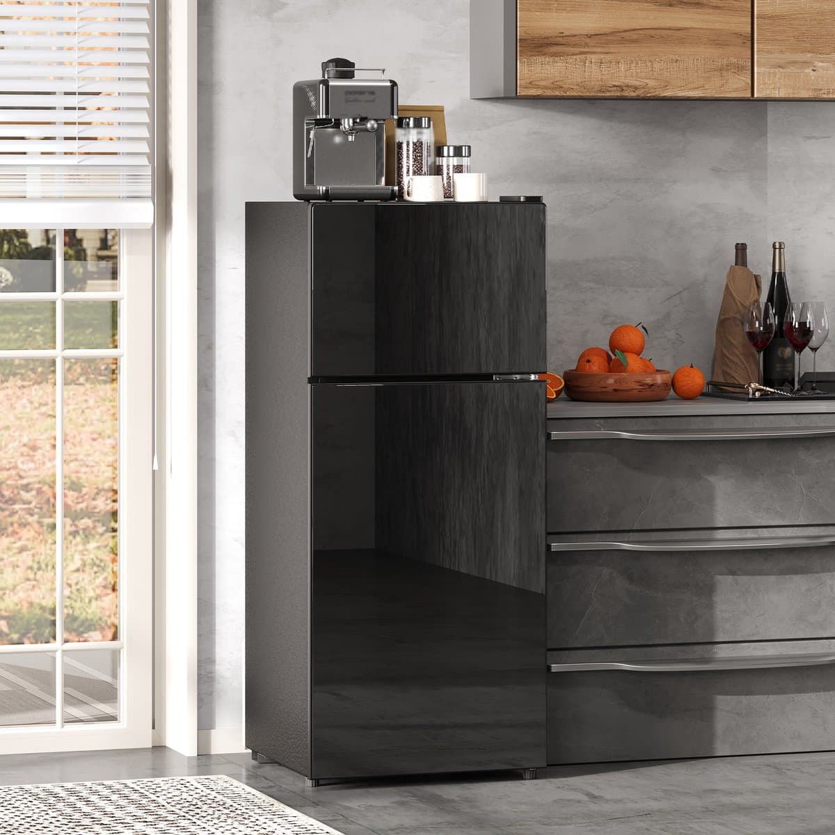 OKWISH Minikoelkast – 92 L Met Vriesvak – 42,5 x 42,5 x 102 cm – RVS En Glas – Zwart – Voor Keuken En Kantoor — afbeelding 1