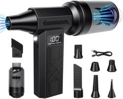 2-in-1 Elektrische Luchtblazer en Mini Stofzuiger - Draadloze Air Duster met 8000mAh Accu - 4 Vermogensstanden - LED Display en Werklicht - Computer Reinigingsset met 5 Mondstukken en Stofreservoir - USB-C Oplaadbaar