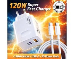 120W Super Fast Charger –120W+Kabel- USB-C + USB – FS Power Pack 120W Snellader-Power Delivery & Quick Charge 3.0 – Supersnel Opladen iPhone / Samsung / Android / Tablet / Laptop – Veilig & Compact – – EU Stekker – USB-C + USB – PD & QC 3.0 – – Wit