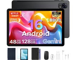 Aorlym P10 Pro - Tablet - 48 GB RAM (8+40 GB) + 128 GB ROM (2 TB/TF) - 10,1 inch HD 120 Hz - Android 16 - 8800 mAh - Gemini AI - T7250 - Face ID - Dubbele luidsprekers, complete accessoirebundel met toetsenbord en stylus - Zwart