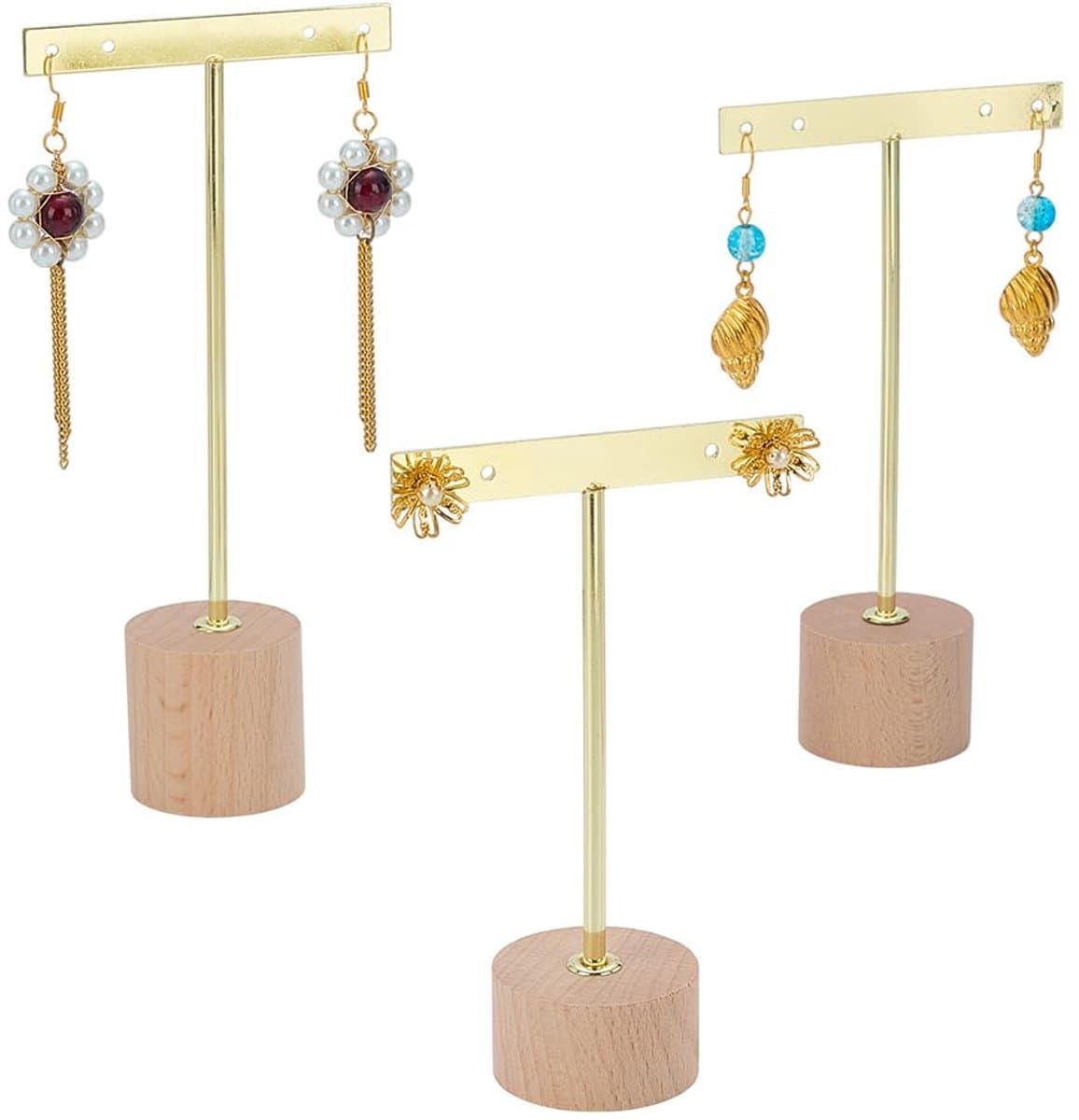 Oorbellen Stand - 3 Delige Gouden Metalen T-Vormige Houder - Houten Basis voor Sieraden — afbeelding 1