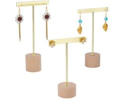 Oorbellen Stand - 3 Delige Gouden Metalen T-Vormige Houder - Houten Basis voor Sieraden