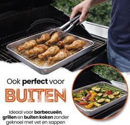 Braadslede met Afkoelrooster 304 RVS - 31,8 x 24,8 x 3 cm – Bakplaat voor Oven, BBQ & Airfryer – Zilver — thumbnail 8