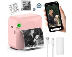 Microprinter - Zakprinter - Thermische stickerprinter zonder inkt - Draadloze draagbare bonnenprinter - voor foto's, agenda's, notities en memo's - inclusief 1 rol thermisch papier - roze