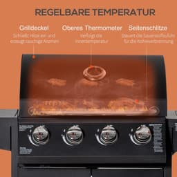 Gasbarbecue - Gasbarbecue en grill - 4 Branders - Verrijdbare Barbecuewagen - met Grillrooster, 4 Wielen, Bijzettafels, Drukregelaar, Slangen, Hermometer en Warmhoudplaten - Zwart — thumbnail 2