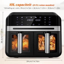 Dubbele Airfryer XXL 10L (2×5L) – 8 Automatische Programma’s – Grote Capaciteit voor 6 Personen – 2500W Krachtig Vermogen – Dual-Zone 2 Manden met SYNC Technologie – Gezond Frituren Zonder Olie – Met Kijkvenster – Zwart — thumbnail 11