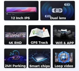 Achteruitkijkspiegel met Dashcam – Auto Camera – Spiegelcamera – Achteruitrijcamera – 4K Scherm – 12 Inch Ultra Helder – Nachtzicht – GPS Tracking — thumbnail 3