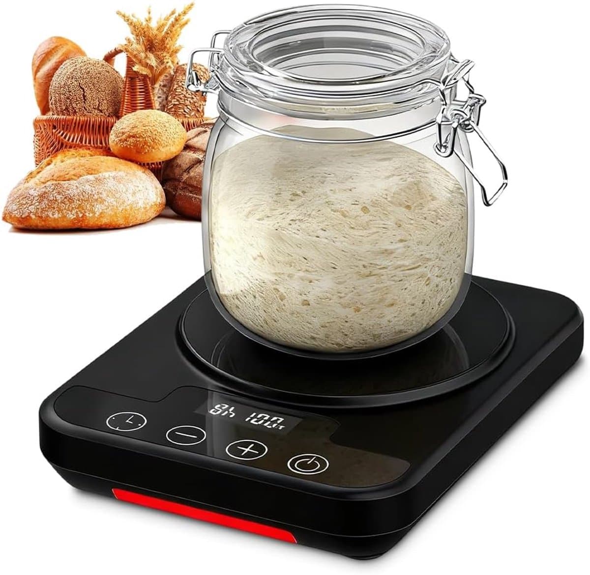Verwarmingsmat voor natuurlijke zuurdesemstarter — Speciaal ontworpen voor het kweken van starters — Ingebouwde 12-uurs timer — 21–38°C — Ideaal voor thuis brood bakken — Zwart — afbeelding 1