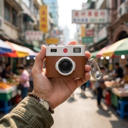Bruin wit hoesje voor oordopjes unisex in retro camera vorm met karabijnhaak geschikt voor AirPods Pro 2 met leerlook structuur en reliëf details — thumbnail 5