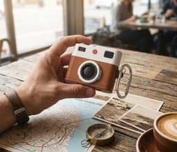 Bruin wit hoesje voor oordopjes unisex in retro camera vorm met karabijnhaak geschikt voor AirPods Pro 2 met leerlook structuur en reliëf details — thumbnail 4