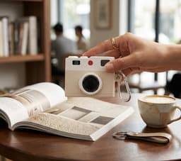 Wit hoesje voor oordopjes unisex in retro camera vorm met karabijnhaak geschikt voor AirPods Pro 2 met reliëf details en compact ontwerp — thumbnail 4