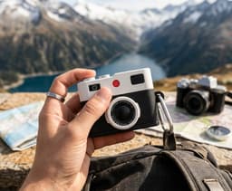 Zwart wit hoesje voor oordopjes unisex in retro camera vorm met karabijnhaak geschikt voor AirPods Pro 2 met reliëf details en compact ontwerp — thumbnail 2