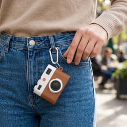 Bruin wit hoesje voor oordopjes unisex in retro camera vorm met karabijnhaak geschikt voor AirPods 4 met leerlook structuur en reliëf details — thumbnail 4
