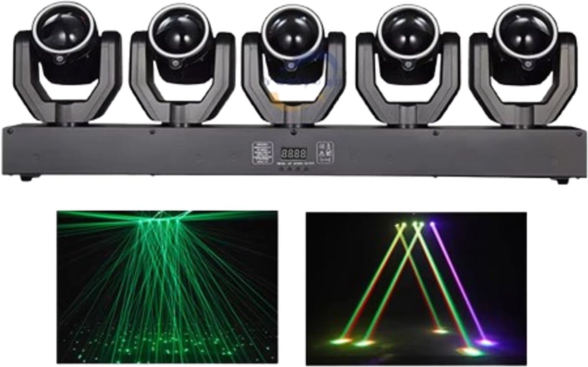 Cellista - Moving Head DJ Licht 180W - 5-Kops LED Beam RGBW + Groene Laser - DMX512 Disco Verlichting - Stage Light met Geluid Besturing - Party Club Bar Licht Effect — afbeelding 1