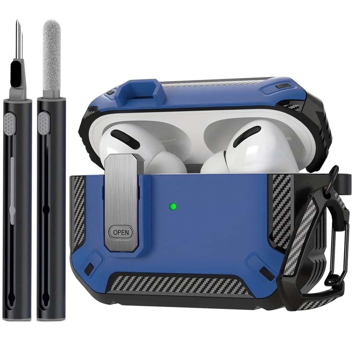 Blauw robuust hoesje voor oordopjes met carbon look geschikt voor AirPods Pro 2 inclusief schoonmaakset en karabijnhaak – schokbestendig en duurzaam — afbeelding 1