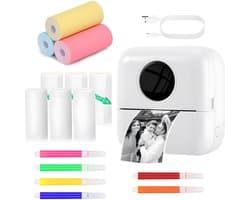 Mini Printer - 200 DPI - Pocket Printer voor Smartphone - Fotoprinter - USB Oplaadbaar - Draagbare Mini-fotoprinter - Incl. 3 Rollen Zelfklevend Papier, 3 Rol Wit Papier, 3 Rollen Gekleurd Papier en 6 Pennen - voor Lijsten, Notities, Foto's - Wit
