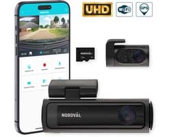 Nordväl DC202-2CH Dashcam – Incl. 128GB SD Kaart – 4K Ultra HD voor en 2K QHD achter – Wifi – GPS – Parkeermodus – Dashcam voor auto – Auto Camera