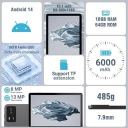 Android 14 Tablet 10,1 Inch HD Scherm 10GB RAM 64GB Opslag Octa-Core WiFi — thumbnail 4