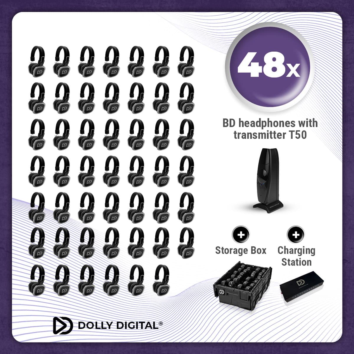 Complete Set 48x Dolly Digital© BD Draadloze Koptelefoons voor groepen + T50 Zender + Oplaad Station + 2 Professionele Storage Boxen| Silent Disco — afbeelding 1