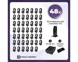Complete Set 48x Dolly Digital© BD Draadloze Koptelefoons voor groepen + T50 Zender + Oplaad Station + 2 Professionele Storage Boxen| Silent Disco
