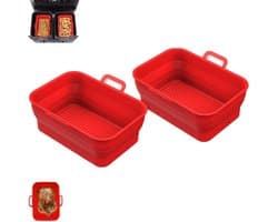 2 stuks - Rechthoekige airfryermand - Opvouwbare siliconen frituurplaat - Rood - Siliconen binnenpan voor airfryer - Rechthoekige siliconen mand