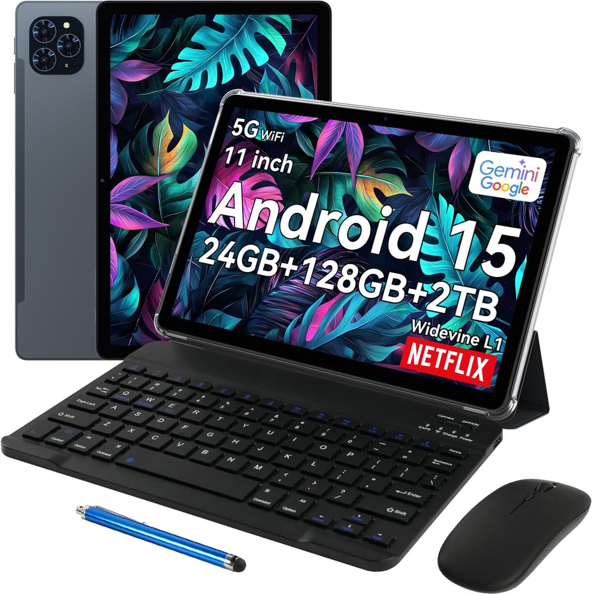 Zenva Tablet T90 - 8000 mAh - Gemini AI - 11 Inch - 24GB RAM - 128GB ROM - Met Toetsenbord(QWERTY) - Hoes - Stylus - Muis - Android 16 - Touchscreen tablet - Grijs — afbeelding 1