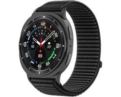 Stravo Nylon bandje - Geschikt voor Samsung Watch 8 - Smartwatch horlogeband met geweven structuur en klittenband voor Samsung Watch 8 40mm / Samsung Watch 8 44mm / Samsung Watch 8 Classic 46mm - Zwart