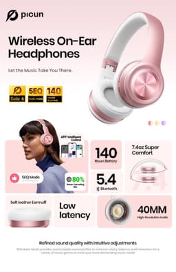 Picun Solo 6 – Draadloze Koptelefoon – Hoofdtelefoon – 140 uur Speelduur – Bluetooth 5.4 – Roze — thumbnail 5