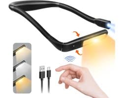 Oplaadbare nekleeslamp, 3 kleuren, leeslamp naast het bed, LED, opvouwbare arm, geschikt voor lezen, breien, repareren, kamperen