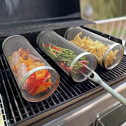 K&R Ventures® Rollende Grillmand – 30 cm RVS BBQ Grillkooi – Met Vork & Haak – Barbecue Accessoire voor Groenten, Vlees, Vis – Camping & Kamperen — thumbnail 1