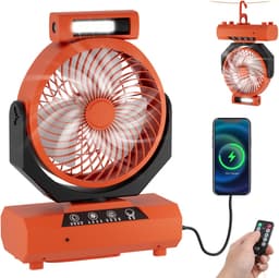 Campingventilator met LED-licht en powerbank - Ventilator - 20000 mAh - Mini Ventilator - Tafelventilator - Kleine Ventilator - Draagbare Ventilator - Handventilator - LED Verlichting & Powerbank - USB Oplaadbaar - Met afstandsbediening - Oranje — thumbnail 1