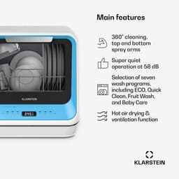 Klarstein Vaatwasser Amazonia Mini - Compact Aanrechtblad, 7 Programma's, 5L Tank of Directe Aansluiting, Energie-efficiëntieklasse D, Stil 58dB, Digitaal Display, Draagbaar Tafelblad voor Kleine Keukens, Blauw - Mini-Vaatwasser - voor Keuken — thumbnail 10