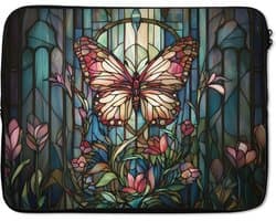 Laptophoes 15.6 inch - Vlinder - Roze - Bloemen - Bladeren - Laptop sleeve - Binnenmaat 37x26 cm - Zwarte achterkant