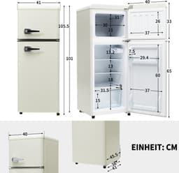 Retro koelkast. Koel-vriescombinatie, 105,5 cm hoog, 41 cm breed, twee deuren, met een totaal volume van 92 liter, vriesvolume van 28 liter. Deurvakken en glazen planken. 116 kWh/jaar, -27 °C ~13 °C, ledverlichting, wit — thumbnail 12