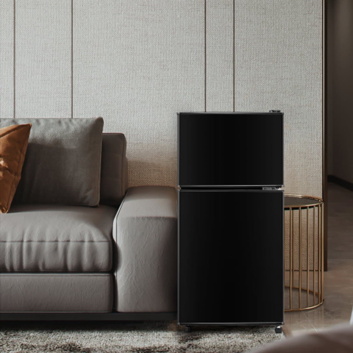 Koel-vriescombinatie, 86,8 cm hoog, 45,5 cm breed, dubbele deur, met een totaal volume van 60 liter, 22 liter vriesvolume, 38 liter koelvolume. 102 kWh/jaar, ledverlichting. Premium zwart [energieklasse E] — afbeelding 1