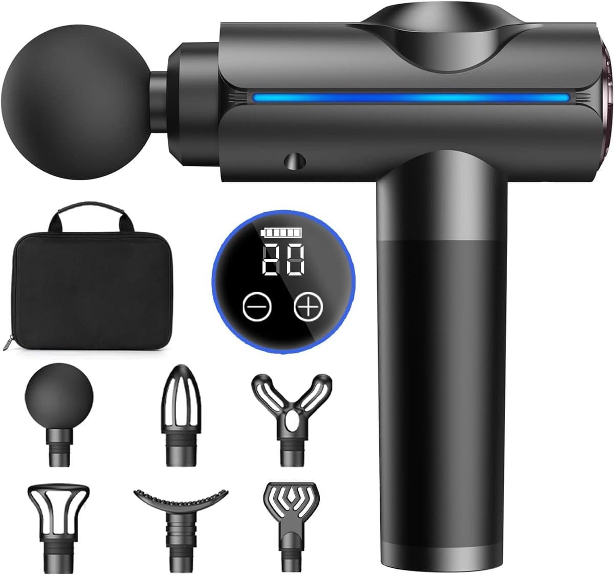 Massagepistool, Deep Tissue Massagepistool, Stille elektrische percussiemassager, Draagbare elektrische spiermassager met draagtas, 20 snelheden en LED-display, Grijs — afbeelding 1